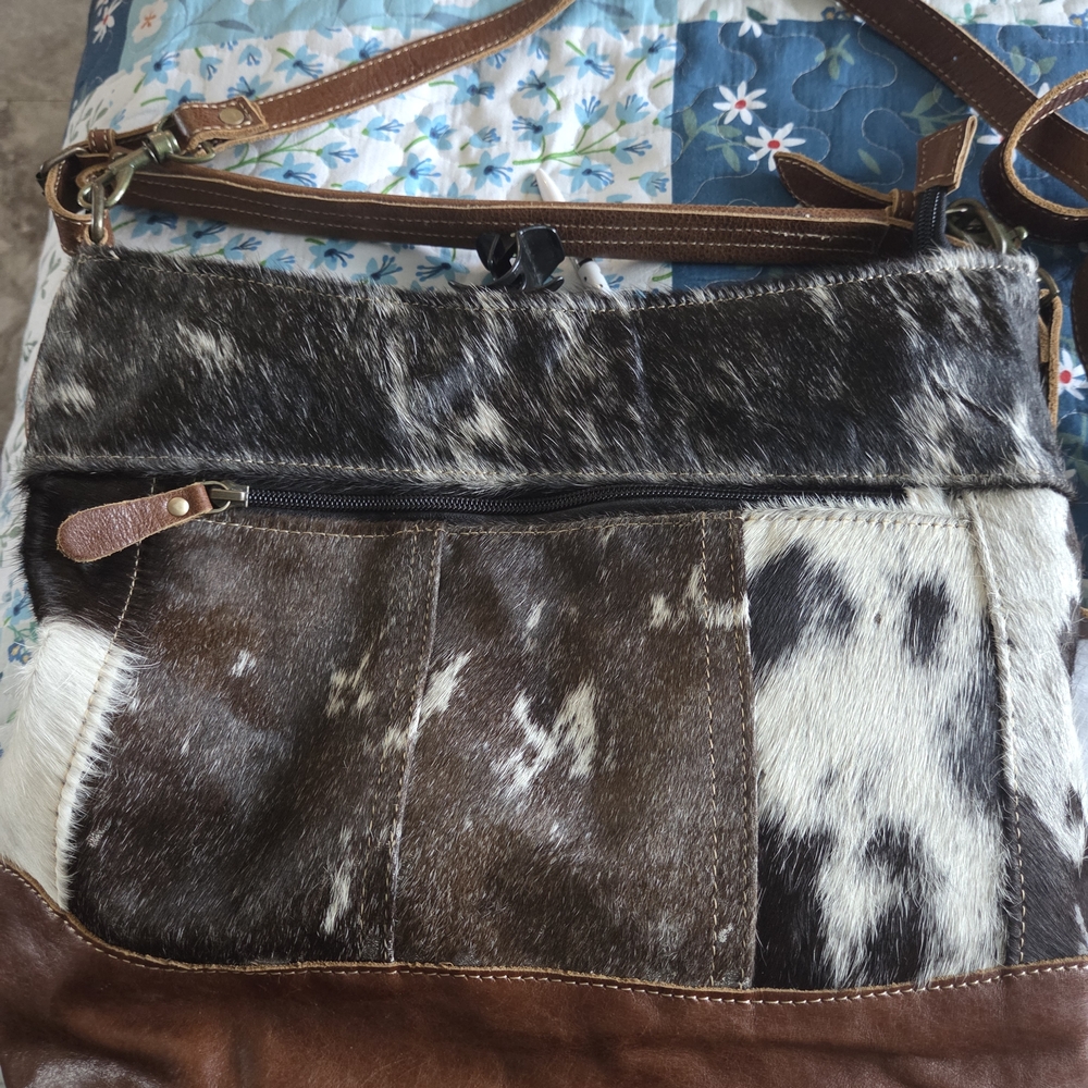 Cowhide Patch Crossbody Bag with Brown Leather Trim